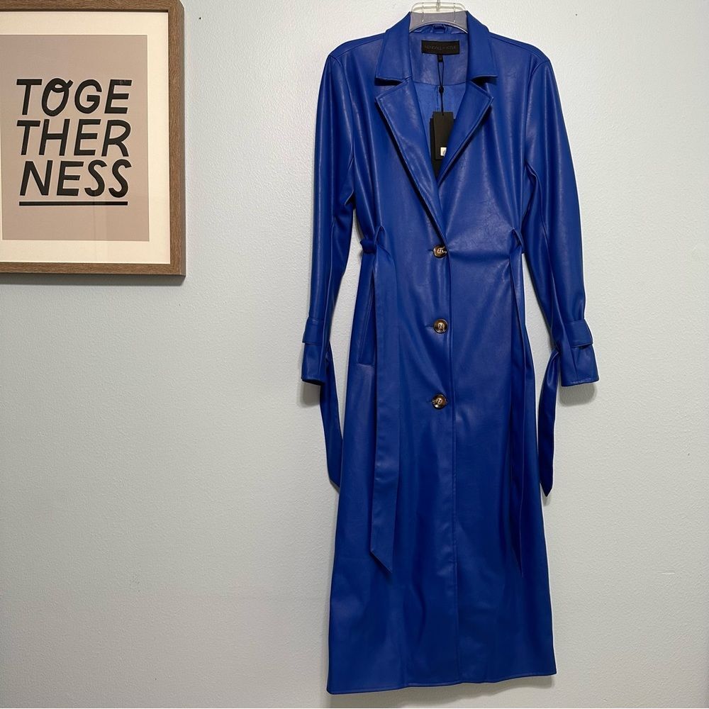 Jewel Tone Blue Vegan Faux Leather Trench Coat NWT XS Baddie Cyber-Siren